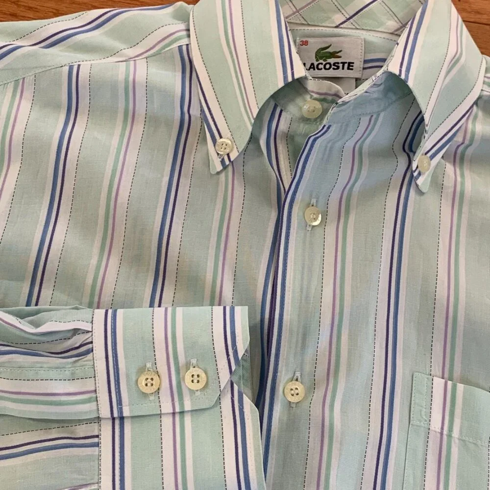 Lacoste Striped Long Sleeve Button Down Dress‎ Shirt Mens 38 Polo Cotton Pastel